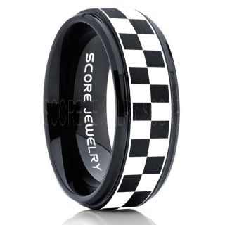 Racing Ring, Racing Flag Ring, Checkered Flag Ring, Chequered Flag Ring, Black Tungsten Ring, Auto Racing Ring, Black Wedding Band, Black Tungsten Ring