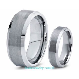 His & Hers Tungsten Couple Wedding Band Set with Brushed Finish and Beveled Edges