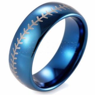 Blue Tungsten Band with Baseball Stitch Pattern 8mm Tungsten Ring