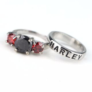 Cosplay Ring Cosplay Wedding Band 3 Stone Black Diamond CZ and Ruby CZ Wedding Ring Set