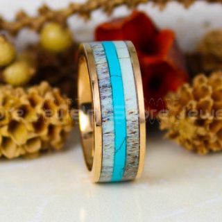 Turquoise Ring, Turquoise Wedding Band, Antler Ring, Antler Wedding Band, Deer Antler Ring, 14K Yellow Gold Tungsten Wedding Band, Turquoise Tungsten Wedding Ring, Tungsten Ring