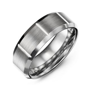 Silver Tungsten Ring with Beveled Edge Brushed Finish and Vertical Grooves 8mm Tungsten Wedding Band