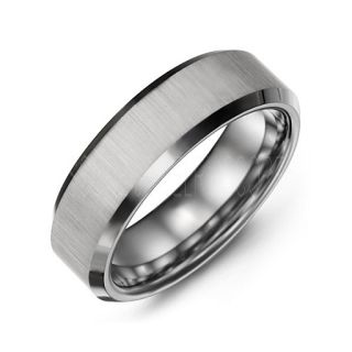 Silver Tungsten Ring with Beveled Edge Vertically Brushed Finish 8mm Tungsten Wedding Band