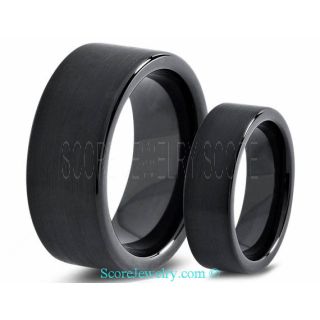 His & Hers Black Tungsten Couple Wedding Band Set with Brushed Finish and Flat Edges