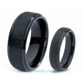 His & Hers Black Tungsten Couple Wedding Band Set with Brushed Finish and Step Edges