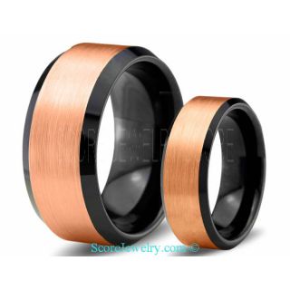 His & Hers Black Tungsten Couple Wedding Band Set with 14K Rose Gold Brushed Finish and Beveled Edges