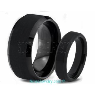 His & Hers Black Tungsten Couple Wedding Band Set with Brushed Finish and Beveled Edges