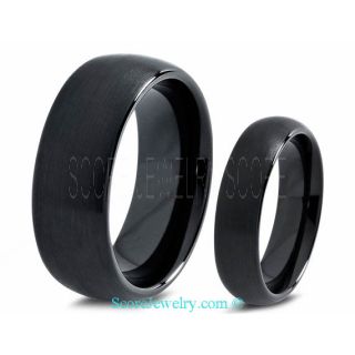 His & Hers Black Tungsten Couple Wedding Band Set with Brushed Finish and Domed Edges