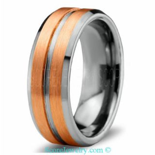 Classic Venetian 14K Rose Gold Tungsten Band with Two Raised Stripes Ring