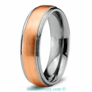Classic Venetian 14K Rose Gold Tungsten Band with Brushed Surface and Step Edges Ring