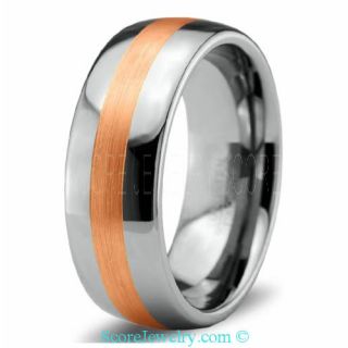 Classic Venetian 14K Rose Gold Tungsten Band with Domed Edge and Rose Gold Stripe Ring