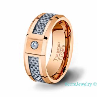 14K Rose Gold TUNGSTEN Carbide RING with a WHITE CARBON FIBER SURFACE AND SOLITARE CZ DIAMOND