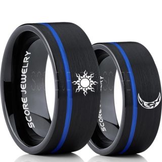 Sun and Moon Rings, Sun Ring, Moon Ring, 2 Piece Couple Tribal Sun and Moon Rings, Sun and Moon Wedding Bands, Tribal Sun and Moon Rings, Black Tungsten Bands, Sun and Moon Wedding Bands