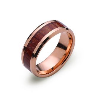 8mm or 6mm 14K Rose Gold Tungsten Band with Redwood Inlay Tungsten Wood Ring