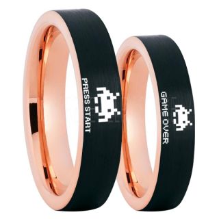 Player 1 Player 2 Rings, Retro Gamer Rings, Gamer Rings, Space Invaders Rings, Atari Rings, Nintendo Rings, Black  Tungsten Rings, Black Wedding Bands, Couple Ring Set Gamer Rings