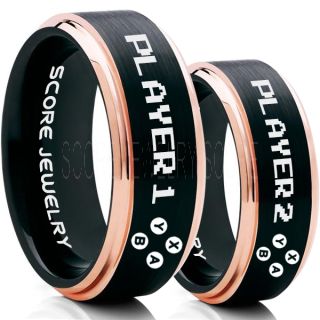 Gamer Rings, Couple Ring Set, Player 1 Player 2 Rings, Controller Rings, Black Gamer Wedding Rings, Black Tungsten Gamer Wedding Bands, Black Tungsten Rings, Black Wedding Bands, Gamer Jewelry