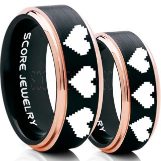 Legend of Zelda Rings, 2 Piece Couple Set 8 Bit Hearts Rings, Zelda Wedding Rings, Zelda Wedding Bands, Gamer Rings, Black Tungsten Rings, Black Wedding Bands, 8 Bit Hearts Zelda Rings