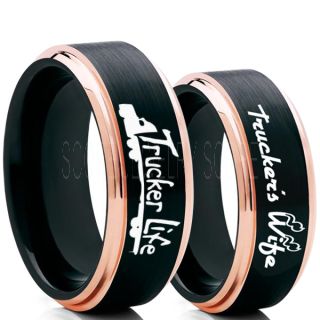 Truck Driver Ring, Trucker's Wife Ring, 2 Piece Couple Set Trucker Ring, Truck Life Ring, Trucker Life Ring, Black Tungsten Ring, Trucker Jewelry, Truck Driver Wedding Band, Black Tungsten Band, Black Wedding Ring