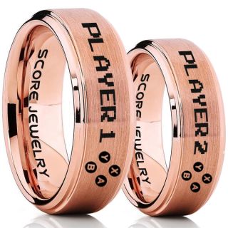 Gamer Rings, Couple Ring Set, Player 1 Player 2 Rings, Controller Rings, 14K Rose Gold Gamer Wedding Rings, Rose Gold Tungsten Gamer Wedding Bands, Rose Gold Tungsten Rings, Rose Gold Wedding Bands, Gamer Jewelry