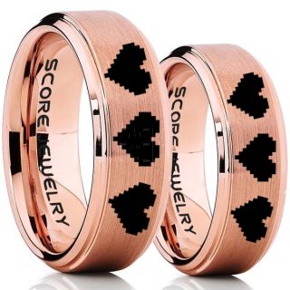 Legend of Zelda Rings, 2 Piece Couple Set 8 Bit Hearts Rings, Zelda Wedding Rings, Zelda Wedding Bands, Gamer Rings, 14K Rose Gold Tungsten Rings, Rose Gold Wedding Bands, 8 Bit Hearts Zelda Rings