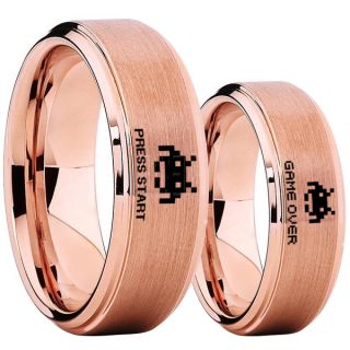 Player 1 Player 2 Rings, Retro Gamer Rings, Gamer Rings, Space Invaders Rings, Atari Rings, Nintendo Rings, 14K Rose Gold Tungsten Rings, 14K Rose Gold Wedding Bands, Couple Ring Set Gamer Rings