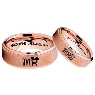 Mickey Mouse Ring, Minnie Mouse Ring, 2 Piece Couple Set 14K Rose Gold Tungsten Bands, Mr & Mrs Rings, Tungsten Wedding Bands, Rose Gold Wedding Rings