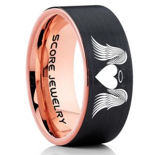 Angel Wings Ring, Halo Ring, Angel Ring, Angel Wings Jewelry, Angel Wings Wedding Ring, Black Tungsten Band, Black Wedding Ring, Angel Wedding Ring