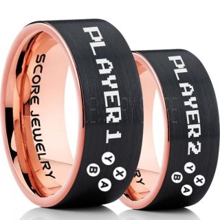 Gamer Rings, Couple Ring Set, Player 1 Player 2 Rings, Controller Rings, Black Gamer Wedding Rings, Black Tungsten Gamer Wedding Bands, Black Tungsten Rings, Black Wedding Bands, Gamer Jewelry