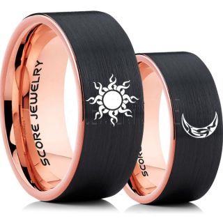 Sun and Moon Rings, Sun Ring, Moon Ring, 2 Piece Couple Tribal Sun and Moon Rings, Sun and Moon Wedding Bands, Tribal Sun and Moon Rings, Black Tungsten Bands, Sun and Moon Wedding Bands