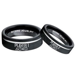 Player 1 Player 2 Rings, Gamer Rings, Black Tungsten Rings, Black Wedding Bands, Couple Ring Set Gamer Rings, Black Tungsten Bands