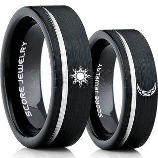 Sun and Moon Rings, Sun Ring, Moon Ring, 2 Piece Couple Tribal Sun and Moon Rings, Sun and Moon Wedding Bands, Tribal Sun and Moon Rings, Black Tungsten Bands, Sun and Moon Wedding Bands