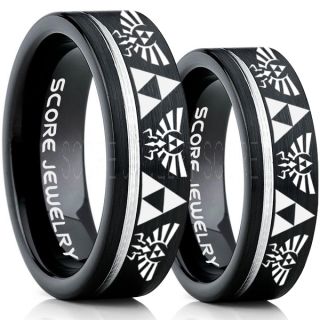 Zelda Ring, Gamer Ring, 2 Piece Couple Set Legend of Zelda Rings, Zelda Wedding Rings, Zelda Wedding Bands, Black Tungsten Rings, Black Wedding Bands