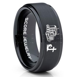 Truck Driver Ring, Trucker Ring, Praying Cowboy Ring, Black Tungsten Ring, Trucker Jewelry, Truck Driver Wedding Band, Black Tungsten Band, Black Wedding Ring