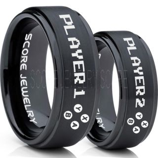 Gamer Rings, Couple Ring Set, Player 1 Player 2 Rings, Controller Rings, Black Gamer Wedding Rings, Black Tungsten Gamer Wedding Bands, Black Tungsten Rings, Black Wedding Bands, Gamer Jewelry