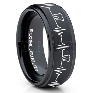 Dentist Ring, Dental Ring, Tooth Ring, Tooth Heartbeat Ring, Molar Tooth Ring, Black Tungsten Band, Black Tungsten Wedding Band, Dental Hygienist Gift, Dentist Gift