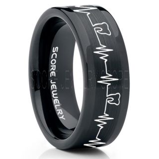 Dentist Ring, Dental Ring, Tooth Ring, Tooth Heartbeat Ring, Molar Tooth Ring, Black Tungsten Band, Black Tungsten Wedding Band, Dental Hygienist Gift, Dentist Gift