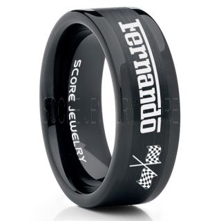 Auto Racing Ring, Ferrari Ring, Personalize with Custom Name, Racing Ring, Racing Wedding Band, Auto Racing Wedding Ring, Black Tungsten Band, Black Wedding Ring