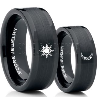 Sun and Moon Rings, Sun Ring, Moon Ring, 2 Piece Couple Tribal Sun and Moon Rings, Sun and Moon Wedding Bands, Tribal Sun and Moon Rings, Black Tungsten Bands, Sun and Moon Wedding Bands