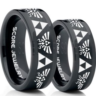 Zelda Ring, Gamer Ring, 2 Piece Couple Set Legend of Zelda Rings, Zelda Wedding Rings, Zelda Wedding Bands, Black Tungsten Rings, Black Wedding Bands