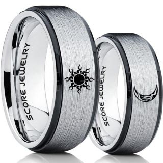 Sun and Moon Rings, Sun Ring, Moon Ring, 2 Piece Couple Tribal Sun and Moon Rings, Sun and Moon Wedding Bands, Tribal Sun and Moon Rings, Silver Tungsten Bands, Sun and Moon Wedding Bands