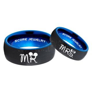 Mickey Mouse Ring, Minnie Mouse Ring, 2 Piece Couple Set Black Tungsten Bands, Mr & Mrs Rings, Tungsten Wedding Bands, Black Wedding Rings