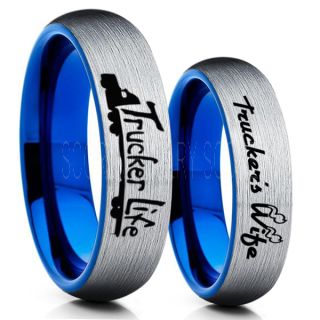Truck Driver Ring, Trucker's Wife Ring, 2 Piece Couple Set Trucker Ring, Truck Life Ring, Trucker Life Ring, Silver Tungsten Ring, Trucker Jewelry, Truck Driver Wedding Band, Silver Tungsten Band, Silver Wedding Ring